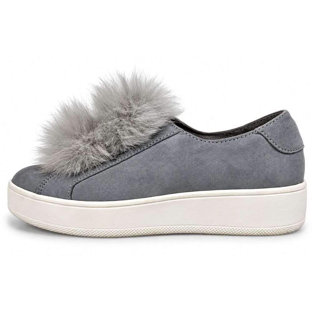 Steve Madden Bryanne Pom Pom Platform Sneakers Faux Fur Gray Size 7.5